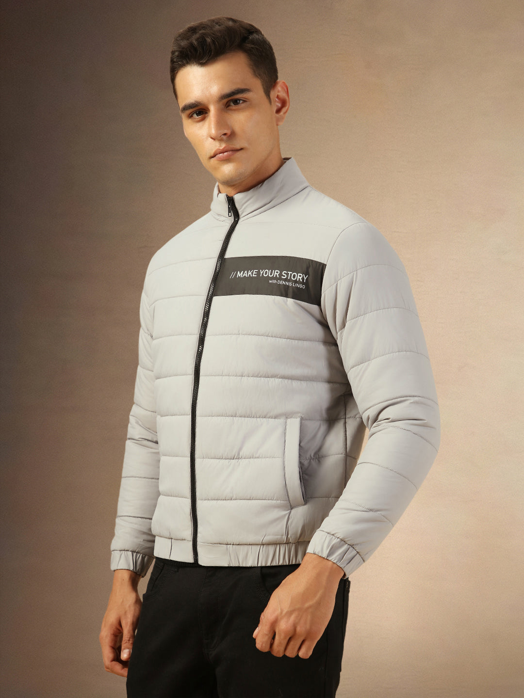 Men's Grey Mock Neck Full Sleeves Puffer Jacket