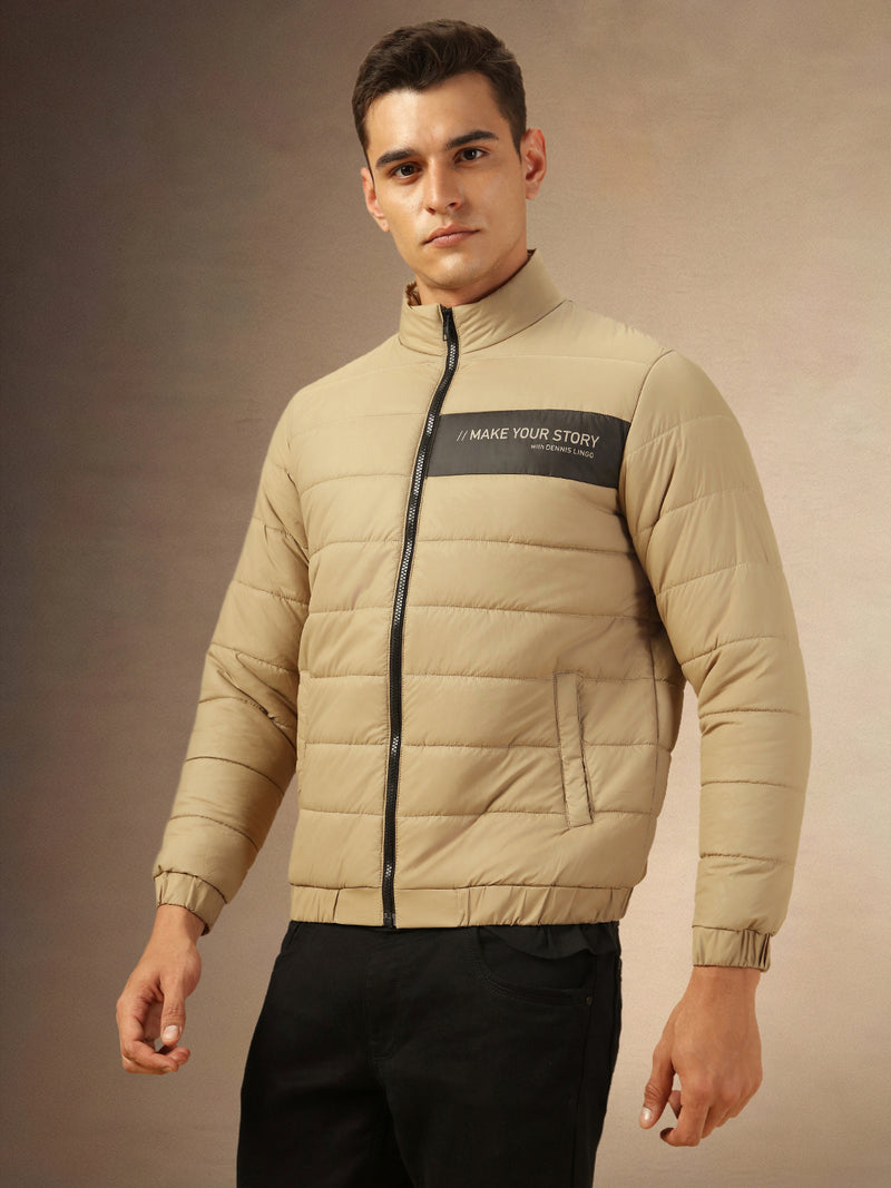 Men's Khaki Mock Neck Full Sleeves Puffer Jacket