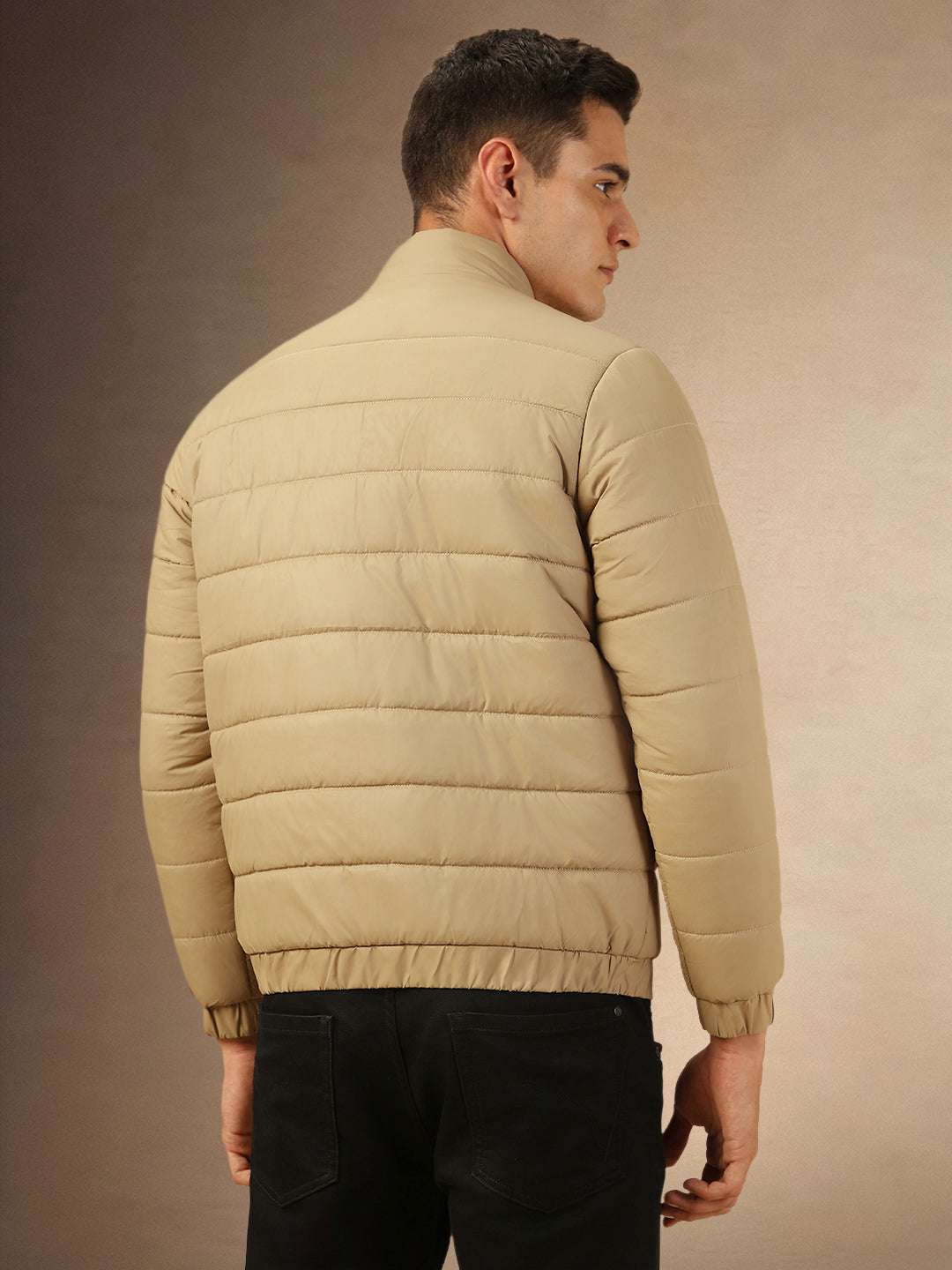 Men's Khaki Mock Neck Full Sleeves Puffer Jacket