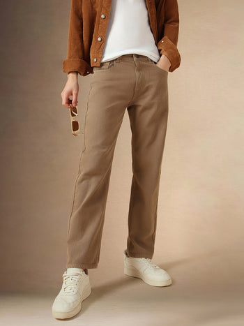 Men's Beige Cotton Relaxed Fit Mid-Rise Casual Jeans