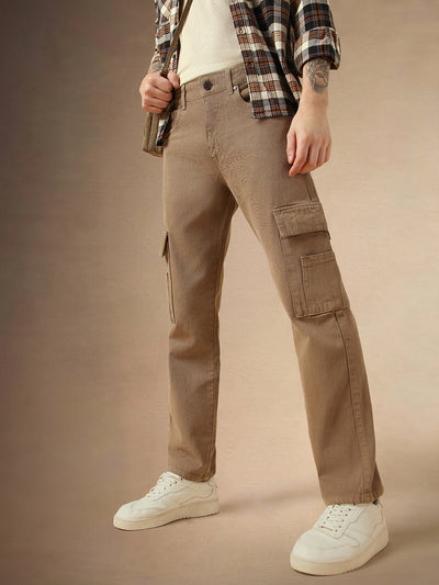 Men's Beige Cotton Relaxed Fit Mid-Rise Casual Jeans