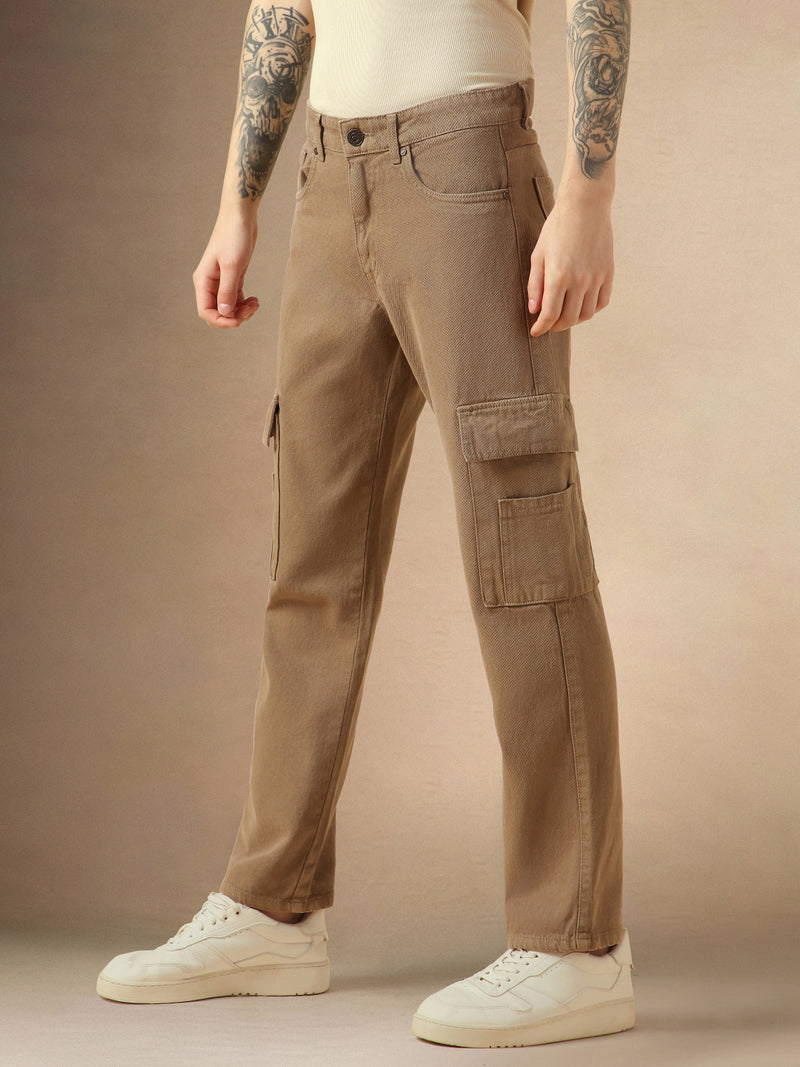 Men's Beige Cotton Relaxed Fit Mid-Rise Casual Jeans