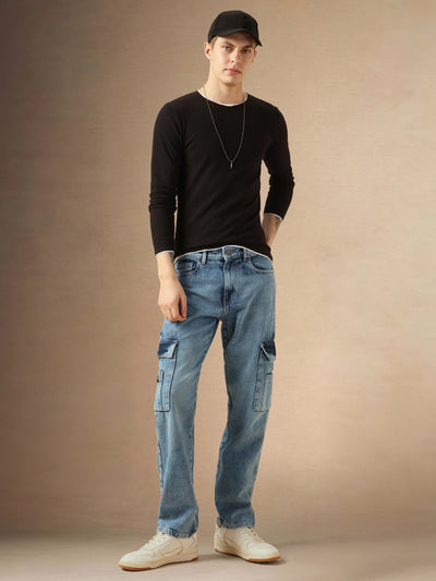 Men's Blue Cotton Relaxed Fit Mid-Rise Casual Jeans