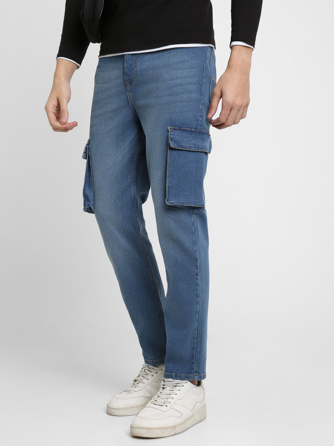 Men's Straight Cargo Fit Washed Indigo Stretchable Jeans