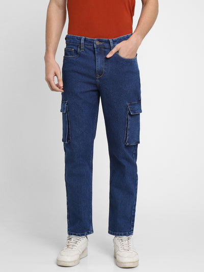 Men's Straight Cargo Fit Washed Indigo Stretchable Jeans