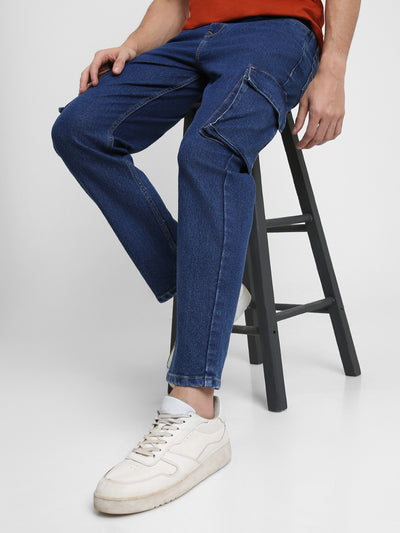 Men's Straight Cargo Fit Washed Indigo Stretchable Jeans