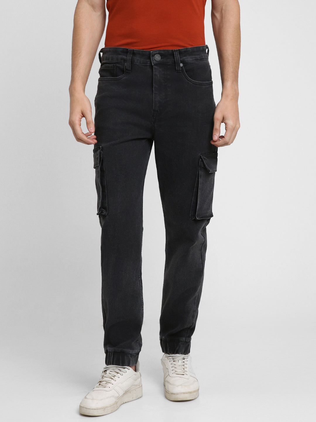 Men's Cargo Jogger Fit Washed Black Stretchable Jeans