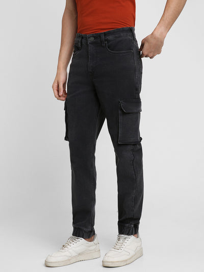 Men's Cargo Jogger Fit Washed Black Stretchable Jeans