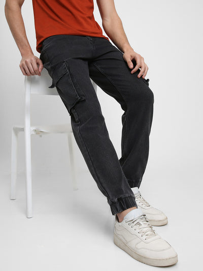 Men's Cargo Jogger Fit Washed Black Stretchable Jeans