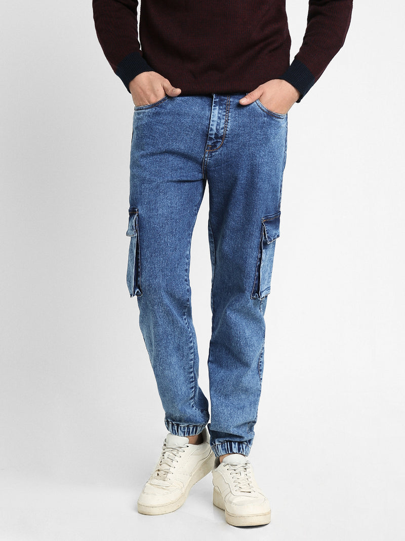 Men's Cargo Jogger Fit Washed Indigo Stretchable Jeans