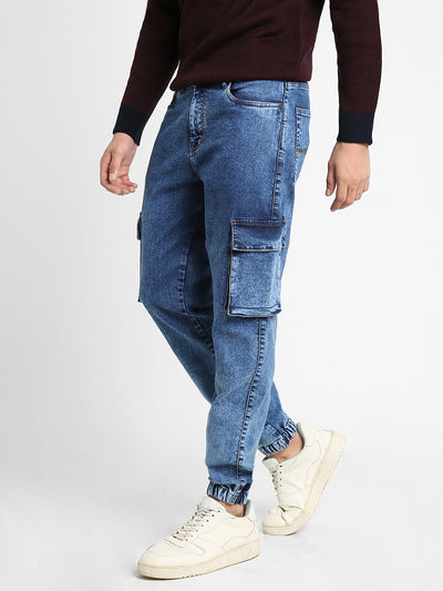 Men's Cargo Jogger Fit Washed Indigo Stretchable Jeans