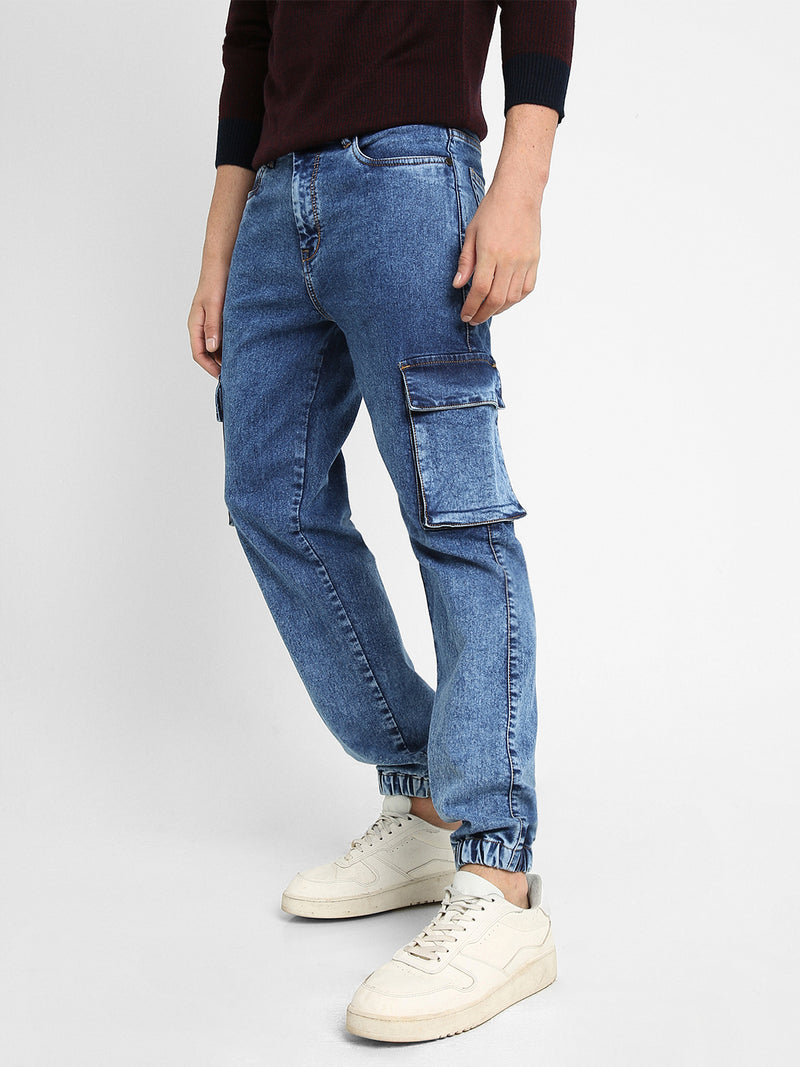 Men's Cargo Jogger Fit Washed Indigo Stretchable Jeans