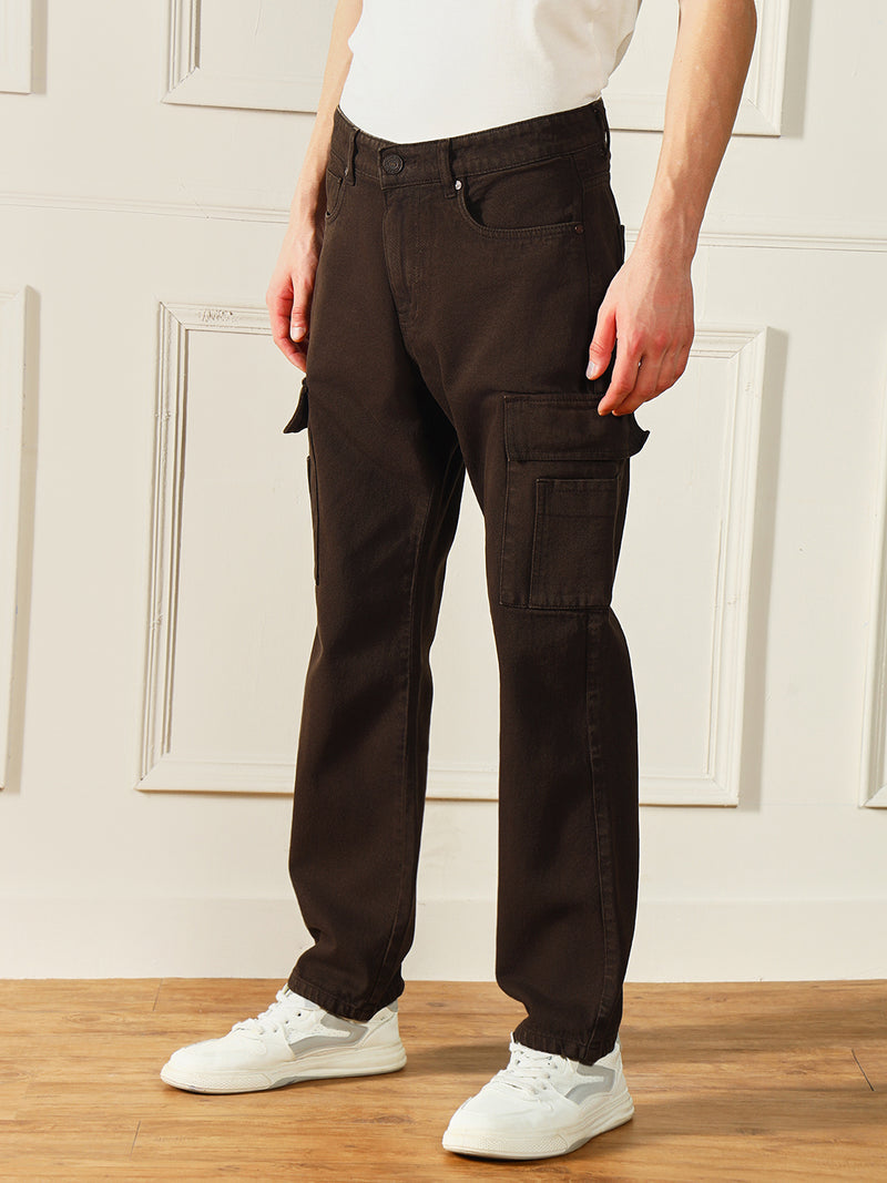 Men's Brown Relaxed Fit Clean Look Cargo Jeans