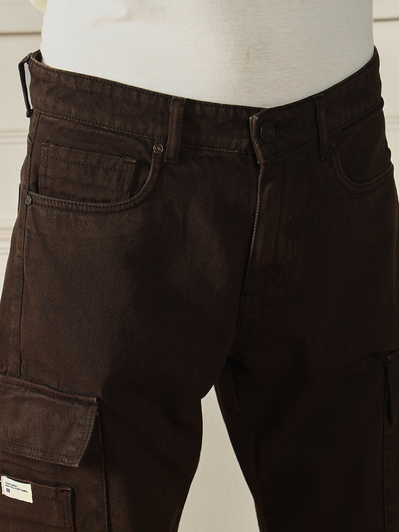 Men's Brown Relaxed Fit Clean Look Cargo Jeans