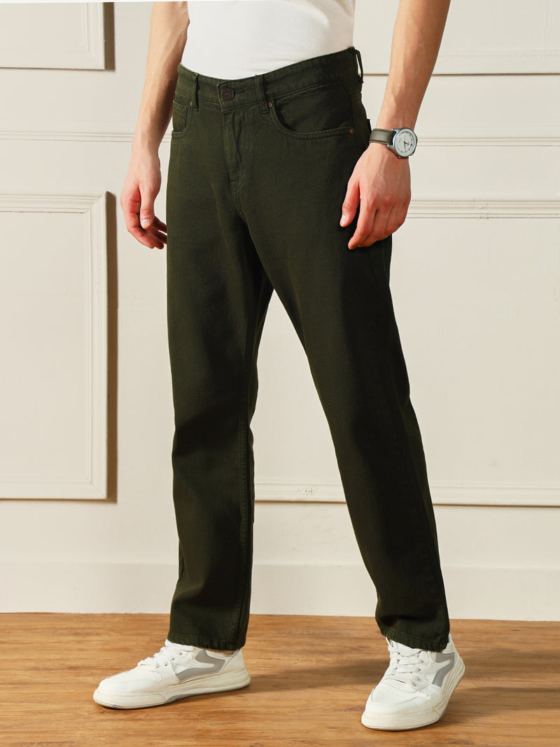 Men's Olive Relaxed Fit Mid-Rise Clean look Jeans