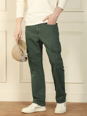 Men's Olive Relaxed Fit Solid Cotton Jeans