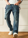 Men's Mid Blue Relaxed Fit Light Fade Cargo Jeans