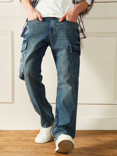 Men's Mid Blue Relaxed Fit Light Fade Cargo Jeans