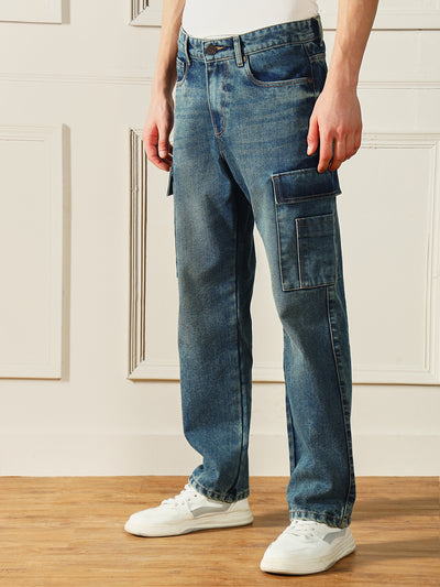 Men's Mid Blue Relaxed Fit Light Fade Cargo Jeans