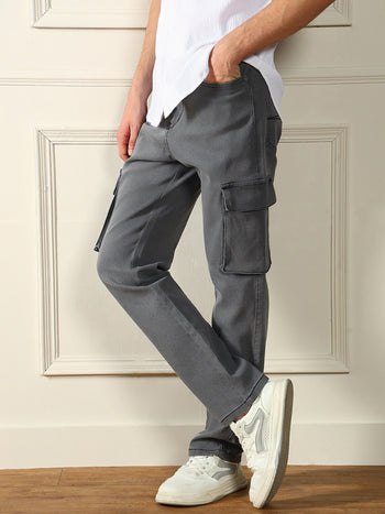 Men's Straight Cargo Washed Grey Stretchable Jeans