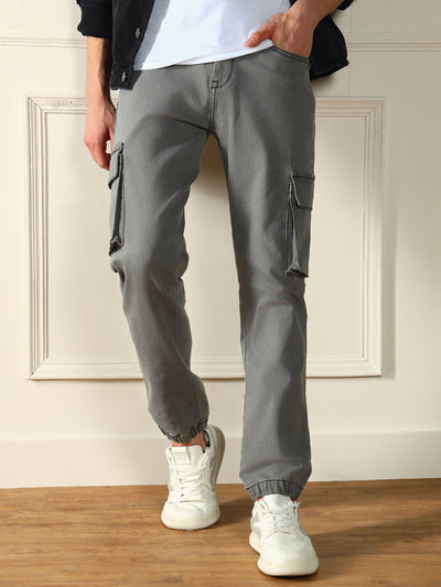 Men's Regular Fit W/B Washed Light Grey Stretchable Cargo Joggers