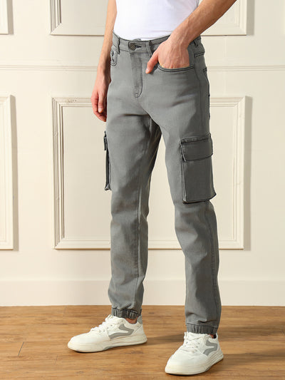 Men's Regular Fit W/B Washed Light Grey Stretchable Cargo Joggers