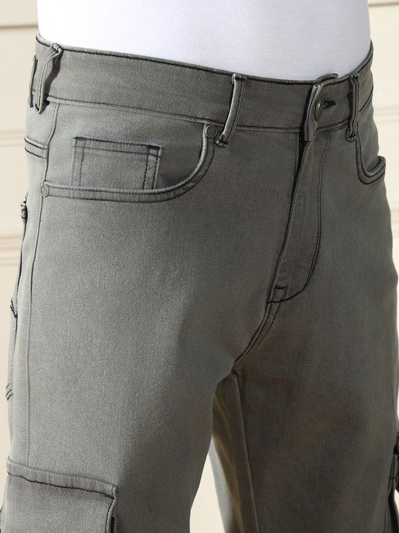 Men's Regular Fit W/B Washed Light Grey Stretchable Cargo Joggers