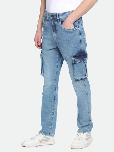 Dennis Lingo Men's Straight Cargo Solid Mid Blue Jeans