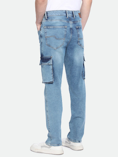 Dennis Lingo Men's Straight Cargo Solid Mid Blue Jeans