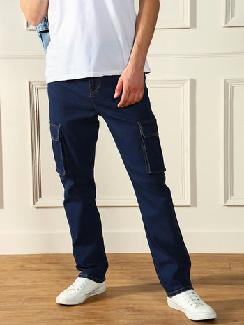 Men's Straight Cargo fit Solid Dark Blue  Stretchable Jeans