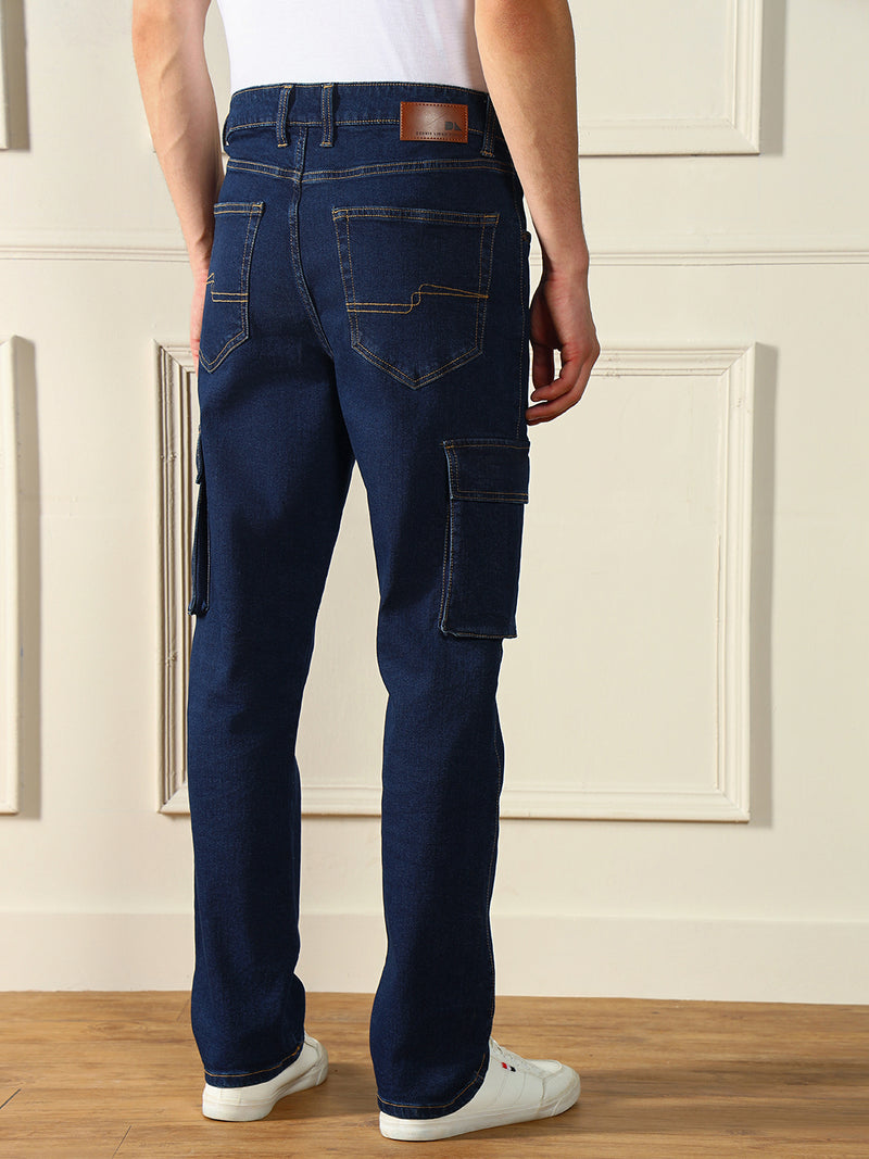 Men's Straight Cargo fit Solid Dark Blue  Stretchable Jeans