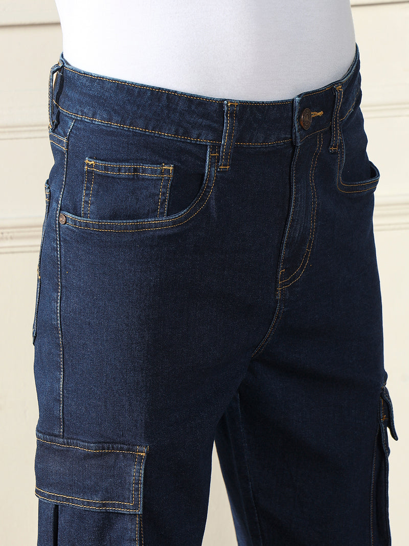 Men's Straight Cargo fit Solid Dark Blue  Stretchable Jeans