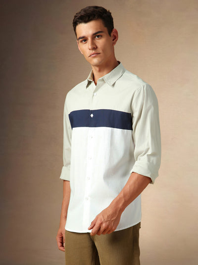 Men's Beige Colourblocked Spread Collar Full Sleeves Casual Shirt