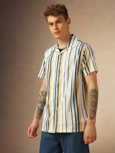 Men's Yellow Striped Cuban Collar Half Sleeves Shirt