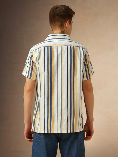 Men's Yellow Striped Cuban Collar Half Sleeves Shirt