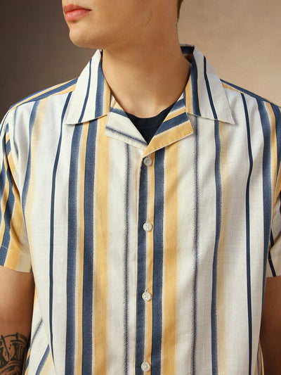 Men's Yellow Striped Cuban Collar Half Sleeves Shirt