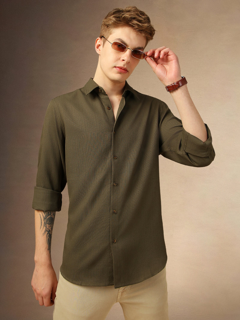 Men's Olive Textured Spread Collar Full Sleeves Casual Shirt