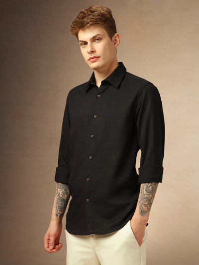 Men's Black Textured Spread Collar Full Sleeves Casual Shirt