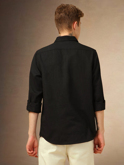 Men's Black Textured Spread Collar Full Sleeves Casual Shirt