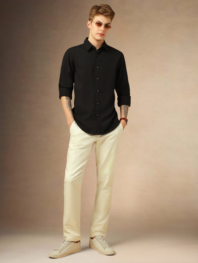 Men's Black Textured Spread Collar Full Sleeves Casual Shirt