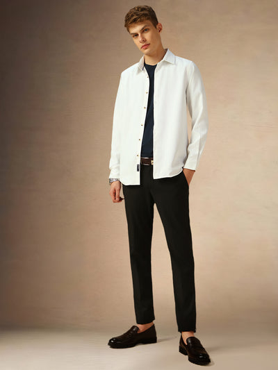 Men's White Solid Spread Collar Full Sleeves Shirt