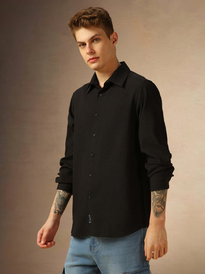 Men's Black Solid Spread Collar Full Sleeves Shirt