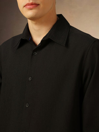 Men's Black Solid Spread Collar Full Sleeves Shirt