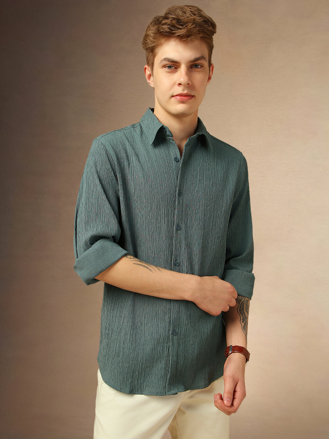 Men's Sage Green Textured Spread Collar Full Sleeves Casual Shirt