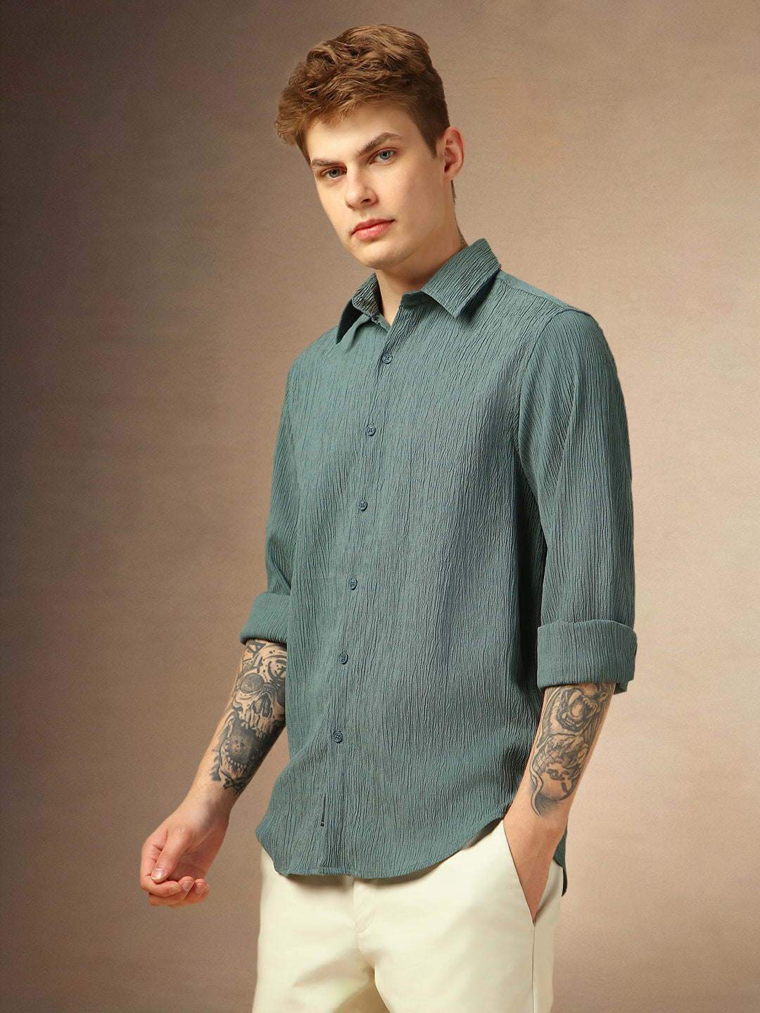 Men's Sage Green Textured Spread Collar Full Sleeves Casual Shirt