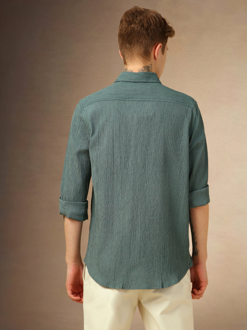 Men's Sage Green Textured Spread Collar Full Sleeves Casual Shirt