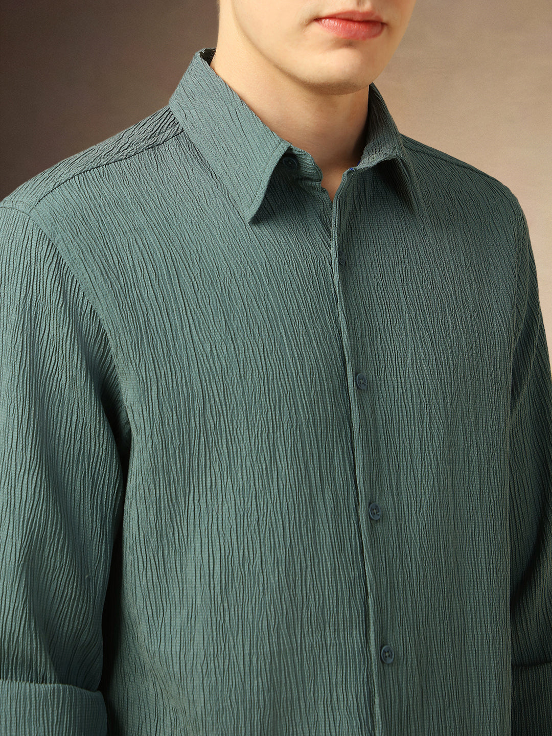 Men's Sage Green Textured Spread Collar Full Sleeves Casual Shirt