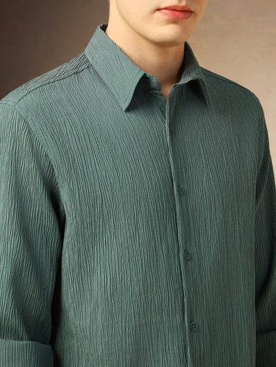 Men's Sage Green Textured Spread Collar Full Sleeves Casual Shirt