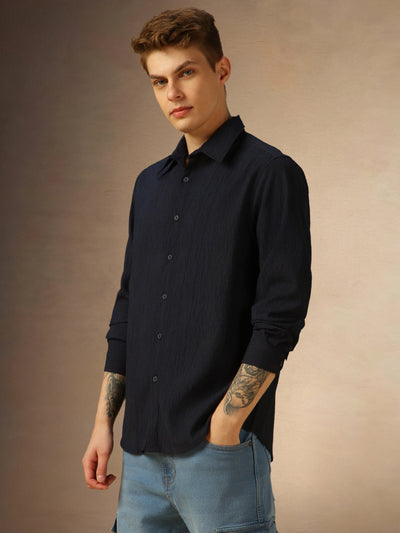 Men's Navy Blue Solid Spread Collar Full Sleeves Shirt