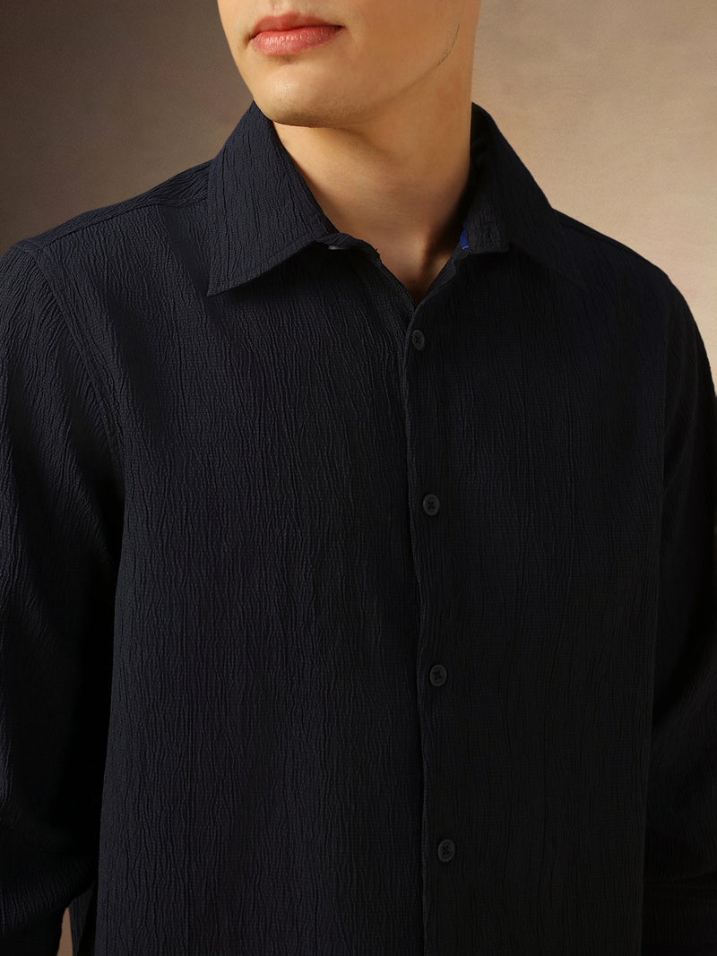 Men's Navy Blue Solid Spread Collar Full Sleeves Shirt